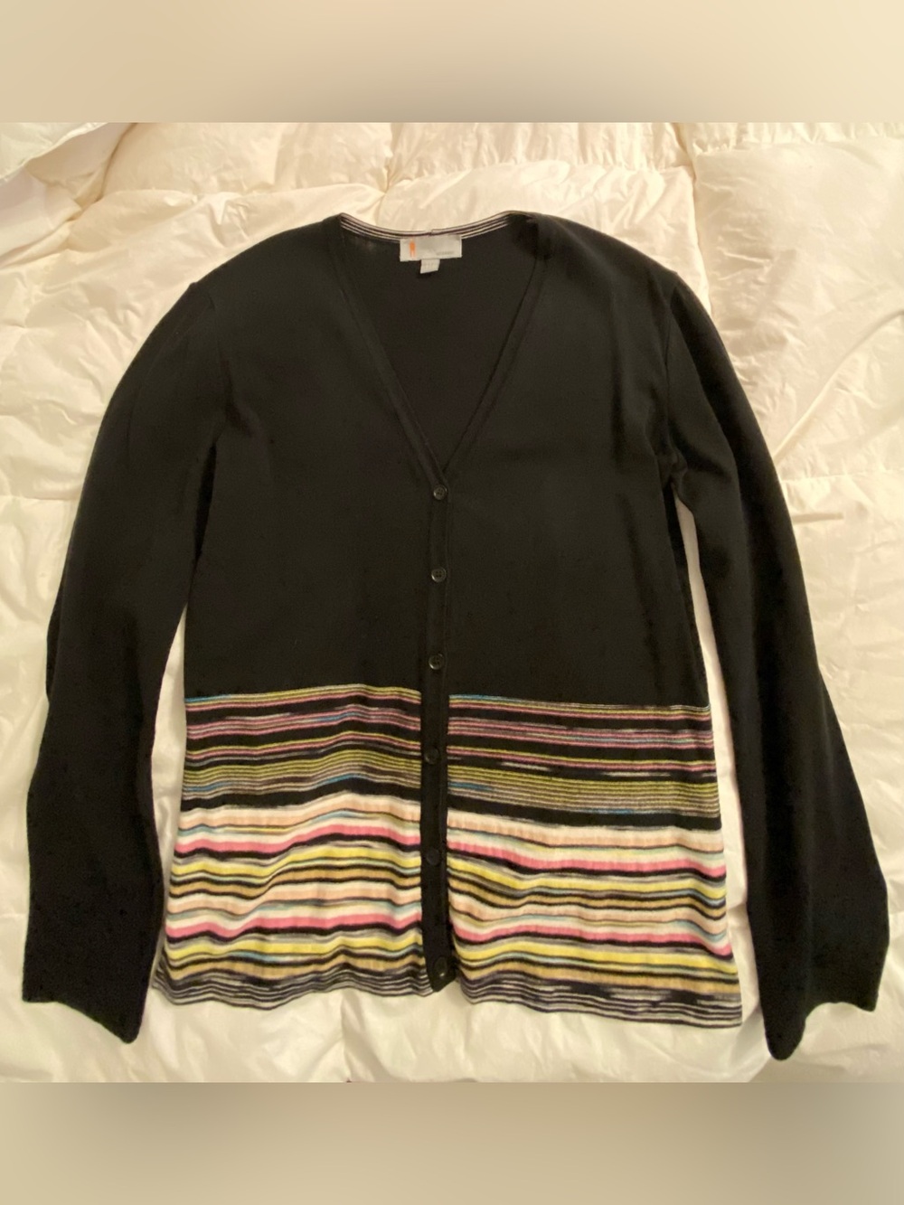 M by Missoni Black Cardigan with Multicolor Striped Hem